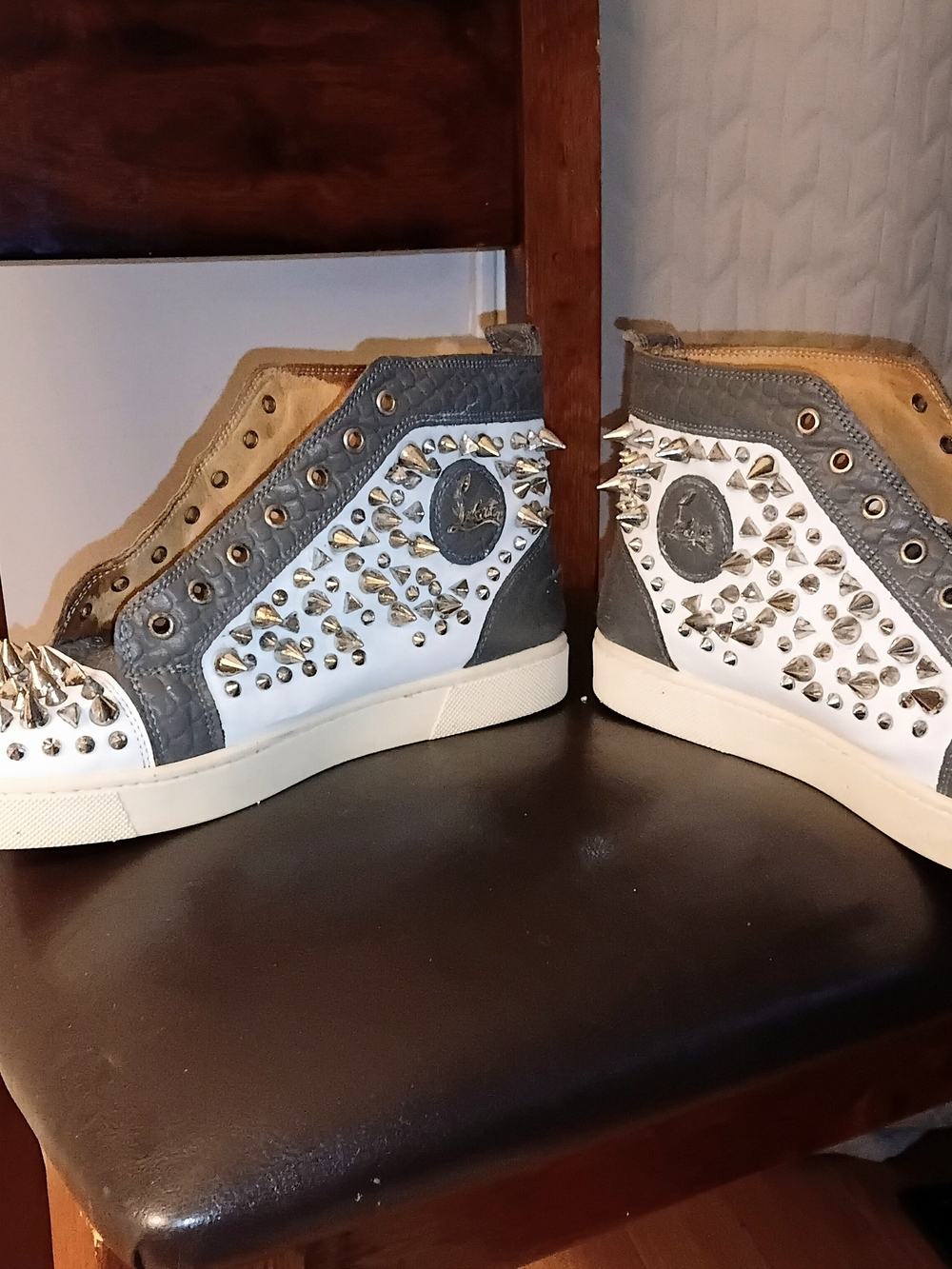 Authentic Christian Louboutin Studded Red Bottoms Sneakers in White and Gray